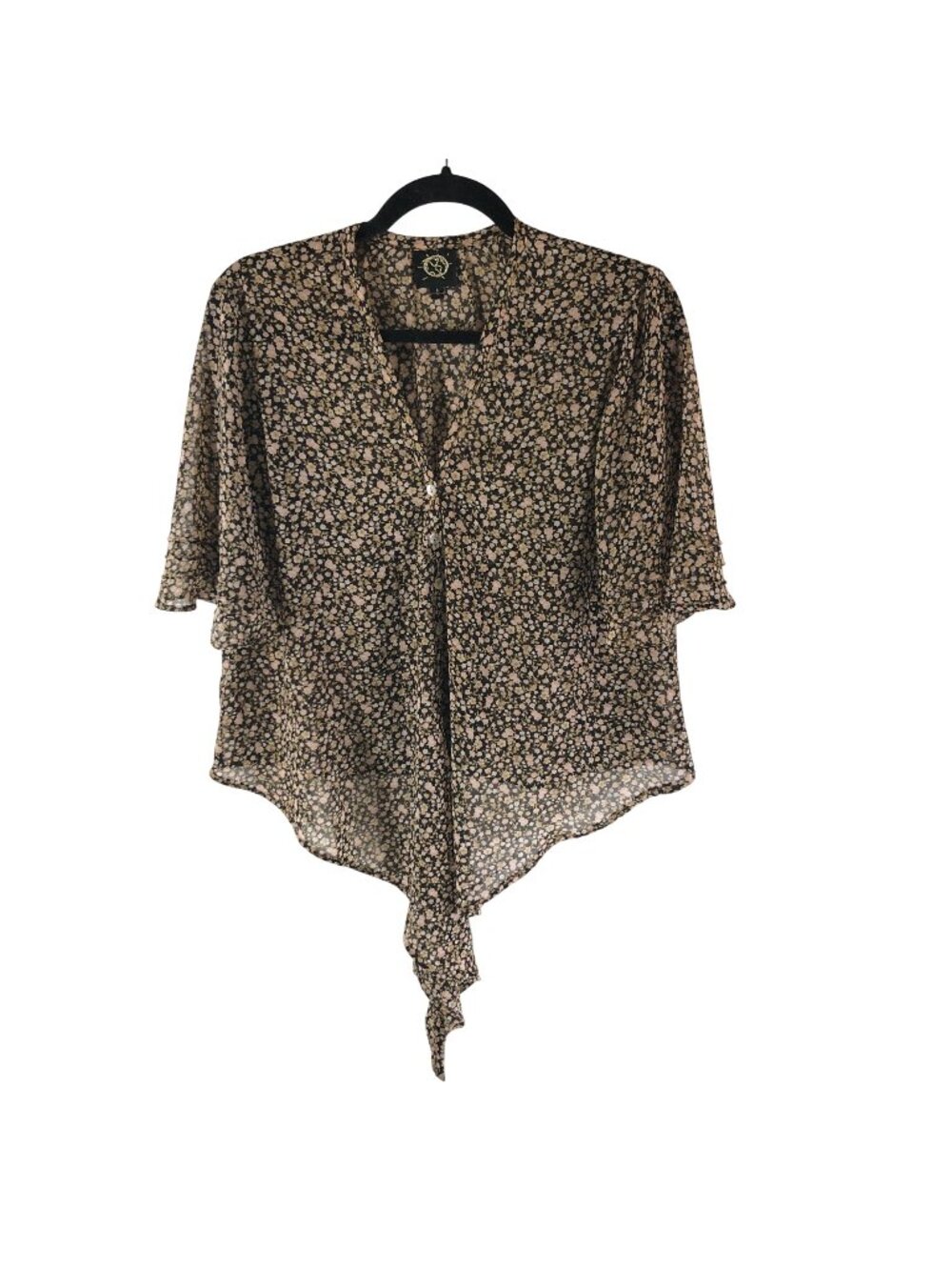 Blue Life Floral Black Sheer Handkerchief Hem Blouse Size 1 US Small Made In USA